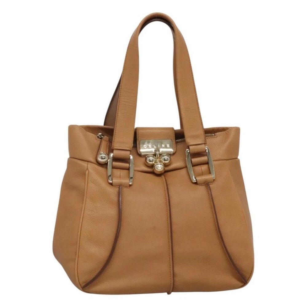 CELINE Hand Bag Leather Beige Gold